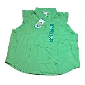 NWT LOFT Sleeveless Lyocell Cotton Flutter Green Button Down Blouse